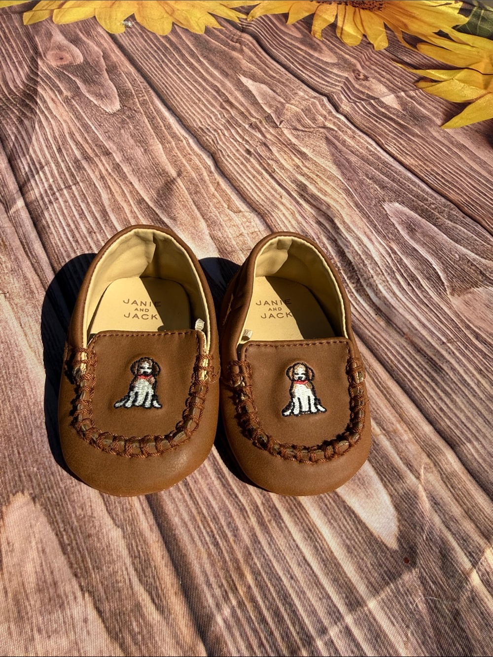 Janie and Jack Tan Leather Moccasins with Puppy Patch